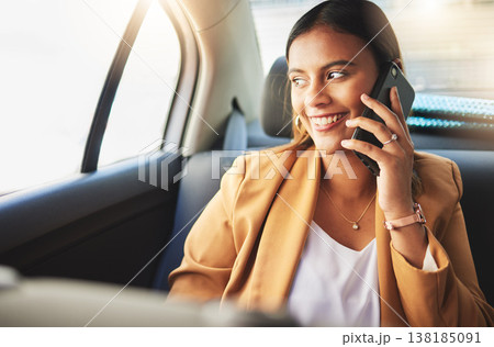 Woman in taxi with smile, phone call and travel on urban commute in communication on drive. Transport, car or cab ride, girl in happy conversation on cellphone for schedule or agenda on road to work. 138185091