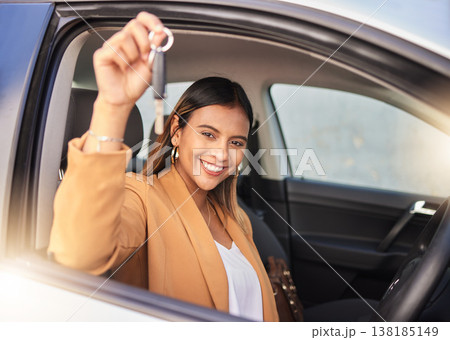 Happy woman, drive and portrait with new car, keys and freedom of transportation and travel on road. Auto, dealership and person driving with happiness in rental cars and purchase of vehicle 138185149