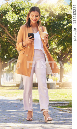 Phone, coffee and business woman in city for journey, morning commute and travel for work. Networking, corporate worker and happy person walking on smartphone for online chat, internet and contact Phone, coffee and business woman in city for journey, morning commute and travel for work. Networking, corporate worker and happy person walking on smartphone for online chat, internet and contact 138185225