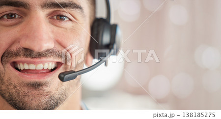 Portrait, mockup or happy man consultant in call center talking or networking online in a telecom office. Smile, bokeh or face of sales agent in communication or conversation at customer services Portrait, mockup or happy man consultant in call center talking or networking online in a telecom office. Smile, bokeh or face of sales agent in communication or conversation at customer services 138185275