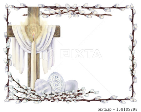 Easter frame of willow branches with a cross, painted eggs. Botanical watercolor template for spring renewal and the Easter holiday, isolated on a white background, for invitations, cards, seasonal 138185298