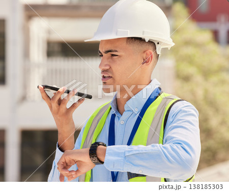 Engineering, man and phone call for project management, outdoor architecture and thinking of schedule or time. Construction worker or industrial manager on mobile voice chat, watch and communication Engineering, man and phone call for project management, outdoor architecture and thinking of schedule or time. Construction worker or industrial manager on mobile voice chat, watch and communication 138185303
