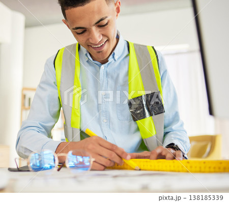 Engineering, man and blueprint paper for planning office building, design renovation and sketch development. Architecture, floor plan and happy contractor or construction worker for property project 138185339