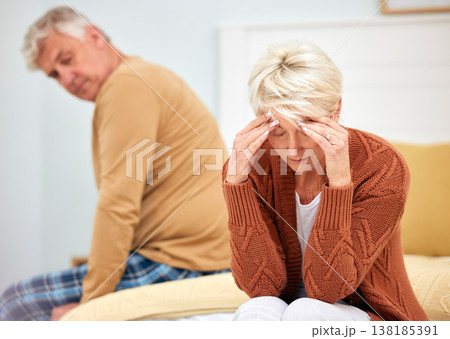 Fight, senior or angry couple argue with stress for marriage problem, breakup or bad communication. Home, divorce or frustrated people thinking of conflict disaster for cheating crisis, drama or hate 138185391