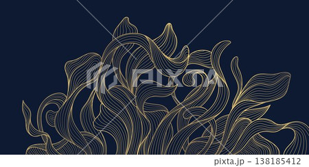 Luxury gold line floral pattern, elegant leaves and flowers, blue background. Vector illustration Japanese ornament, Art Deco, Nouveau style, modern vintage aesthetic, wedding invitations, perfume Luxury gold line floral pattern, elegant leaves and flowers, blue background. Vector illustration Japanese ornament, Art Deco, Nouveau style, modern vintage aesthetic, wedding invitations, perfume 138185412