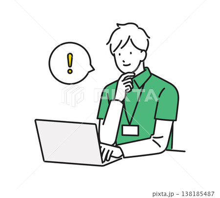 イラスト素材：デスクワーク中にアイデアをひらめいた男性介護職員 138185487