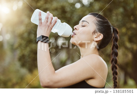 Woman, fitness and drinking water in nature for hydration, natural nutrition or sustainability. Thirsty runner person with mineral drink or bottle in rest after workout, exercise or outdoor training 138185501