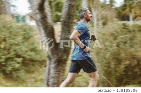 Man, running and forest in workout, training or outdoor cardio exercise for healthy wellness or weight loss. Active male person, athlete or runner in sports run, sprint or race for fitness in nature Man, running and forest in workout, training or outdoor cardio exercise for healthy wellness or weight loss. Active male person, athlete or runner in sports run, sprint or race for fitness in nature 138185508