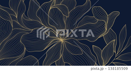 Luxury gold floral line pattern, elegant flowers and leaves on blue background. Vector illustration Chinese and Japanese ornament, vintage deco style, wedding invitations, spa branding, tea packaging. Luxury gold floral line pattern, elegant flowers and leaves on blue background. Vector illustration Chinese and Japanese ornament, vintage deco style, wedding invitations, spa branding, tea packaging. 138185509