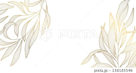 Luxury gold floral pattern with elegant line leaves and flowers on white background. Vector illustration, Japanese ornament with modern art deco style, organic shapes, flowing lines. Luxury gold floral pattern with elegant line leaves and flowers on white background. Vector illustration, Japanese ornament with modern art deco style, organic shapes, flowing lines. 138185546