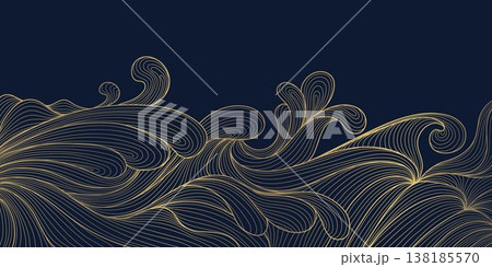 Luxury abstract gold wave pattern with elegant line art, dark background. Japanese and Chinese vector design flowing curves, cloud, water motifs, organic shapes, smooth silk texture. 138185570