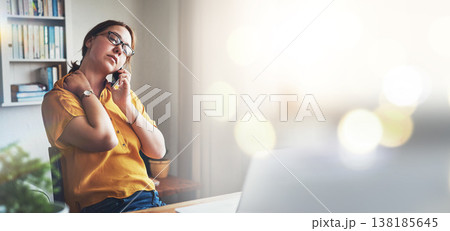 Remote work from home, phone call and woman with neck pain, banner and laptop with connection. Person, freelancer and entrepreneur with a smartphone, stress and burnout with muscle tension or talking Remote work from home, phone call and woman with neck pain, banner and laptop with connection. Person, freelancer and entrepreneur with a smartphone, stress and burnout with muscle tension or talking 138185645