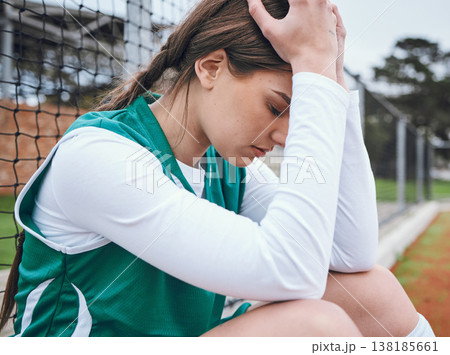 Sad, athlete and fail in sports, game or woman with stress, anxiety or frustrated with performance in competition. Match, loser and person angry with field hockey, fitness or upset with mistake Sad, athlete and fail in sports, game or woman with stress, anxiety or frustrated with performance in competition. Match, loser and person angry with field hockey, fitness or upset with mistake 138185661