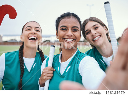 Sports women, team selfie or field for memory, competition or smile in portrait for fitness. Girl group, photography and post on social media for friends, profile picture or diversity for hockey game Sports women, team selfie or field for memory, competition or smile in portrait for fitness. Girl group, photography and post on social media for friends, profile picture or diversity for hockey game 138185679