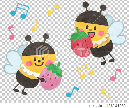 An illustration of a cute bee holding a strawberry. 138185683