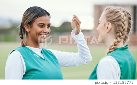 Youth, teenager and girl with smile for sports with team, practice or match on field. Female, person or student with friend in excitement, happiness or joy for game, competition or training at school 138185773