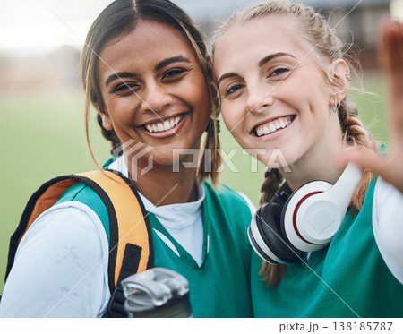 Selfie, sports and portrait of women friends on field smile for training, exercise and workout. Fitness, team and happy people take profile picture for social media, memory and bonding in sport club Selfie, sports and portrait of women friends on field smile for training, exercise and workout. Fitness, team and happy people take profile picture for social media, memory and bonding in sport club 138185787