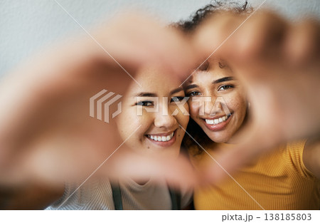 Heart, hands and portrait of happy lesbian couple for care, trust and support in relationship at home. Love sign, face and gay women together in commitment to marriage, connection and LGBTQ or emoji Heart, hands and portrait of happy lesbian couple for care, trust and support in relationship at home. Love sign, face and gay women together in commitment to marriage, connection and LGBTQ or emoji 138185803