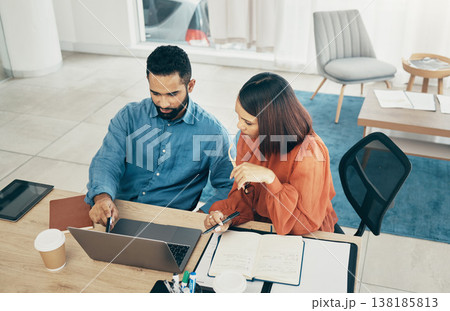 Man, woman and work in office with laptop for startup, cost management and accounting in above. Mexican people, brainstorming and collaboration with financial reports with mentor, email and planning 138185813