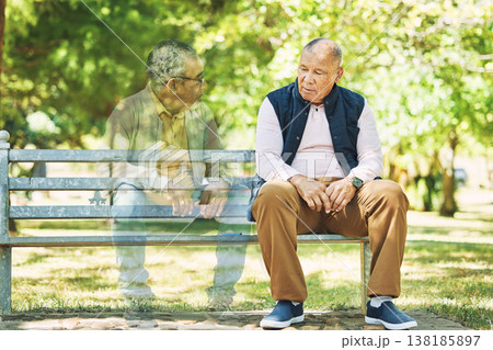 Depression, death and old man in a park with ghost of a friend, brother or past memory. Nostalgic, presence and senior male with mental health crisis in a forest haunted, lonely or with spirit guide Depression, death and old man in a park with ghost of a friend, brother or past memory. Nostalgic, presence and senior male with mental health crisis in a forest haunted, lonely or with spirit guide 138185897