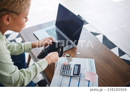 Empty, wallet and finance with budget and bills, money management with laptop and calculator for tax paper. Financial plan, broke woman and info on documents, loan and investment or inflation at home 138185926