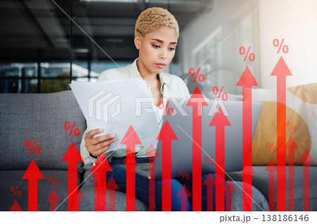 Stock market, overlay and woman with a laptop, paperwork and research with budget planning, investment and inflation. Home, girl and person on a couch, pc or review financial profile with economy 138186146