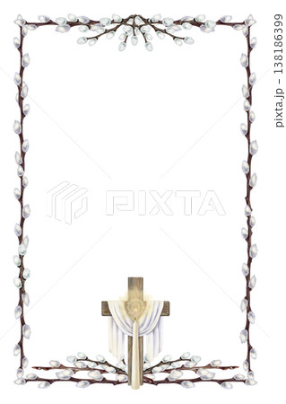 Easter vertical frame of willow branches with a cross and a glowing candle. Botanical watercolor template for spring holiday, isolated on a white background, suitable for invitations, cards, church Easter vertical frame of willow branches with a cross and a glowing candle. Botanical watercolor template for spring holiday, isolated on a white background, suitable for invitations, cards, church 138186399