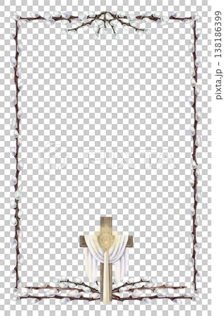 Easter vertical frame of willow branches with a cross and a glowing candle. Botanical watercolor template for spring holiday, isolated on a white background, suitable for invitations, cards, church Easter vertical frame of willow branches with a cross and a glowing candle. Botanical watercolor template for spring holiday, isolated on a white background, suitable for invitations, cards, church 138186399
