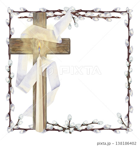 Easter square frame of willow branches with a cross and a glowing candle. Botanical watercolor template for spring holiday, isolated on a white background, suitable for invitations, cards, church Easter square frame of willow branches with a cross and a glowing candle. Botanical watercolor template for spring holiday, isolated on a white background, suitable for invitations, cards, church 138186402