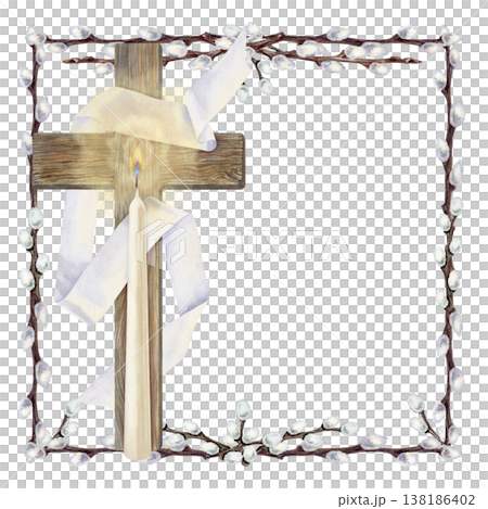 Easter square frame of willow branches with a cross and a glowing candle. Botanical watercolor template for spring holiday, isolated on a white background, suitable for invitations, cards, church Easter square frame of willow branches with a cross and a glowing candle. Botanical watercolor template for spring holiday, isolated on a white background, suitable for invitations, cards, church 138186402