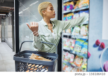 Fridge, grocery shopping or woman by shelf for food choice, product price check or retail cost. Sale offer, supermarket discount or biracial girl customer in convenience store for commerce or search 138186410