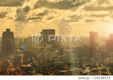 City, pollution and buildings and smoke, clouds and fumes in urban area, environment and climate change. Emissions, power plants and factories in atmosphere, skyline and danger in toxins, gas or air 138186518