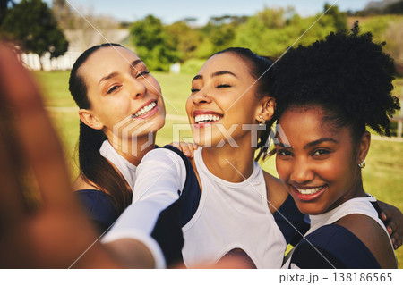 Portrait, women or cheerleaders in a group selfie at a game with support in training, exercise or fitness workout. Proud girls, smile or happy sports athletes in a social media picture or team photo Portrait, women or cheerleaders in a group selfie at a game with support in training, exercise or fitness workout. Proud girls, smile or happy sports athletes in a social media picture or team photo 138186565