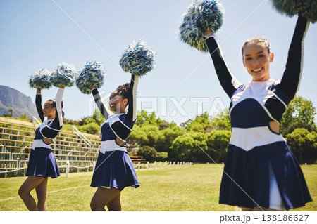 Cheerleader, group portrait and women training, dance and performance on field outdoor for exercise, formation or workout. Happy, cheerleading team and support at event, sport competition and energy Cheerleader, group portrait and women training, dance and performance on field outdoor for exercise, formation or workout. Happy, cheerleading team and support at event, sport competition and energy 138186627