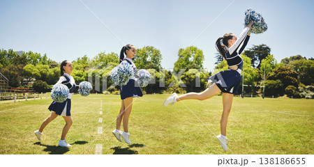 Cheerleader person, jump and dancing for sports practice on grass field for final competition. Woman, athlete and intense training with agility, balance and concentrate with focus for composite Cheerleader person, jump and dancing for sports practice on grass field for final competition. Woman, athlete and intense training with agility, balance and concentrate with focus for composite 138186655