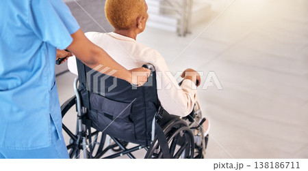 Nurse, senior woman and back with wheelchair, walk and care for rehabilitation, healthcare and wellness. Caregiver, nursing home and elderly person with disability, recovery or kindness in retirement 138186711