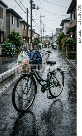 ゲリラ豪雨で濡れる自転車 138186739
