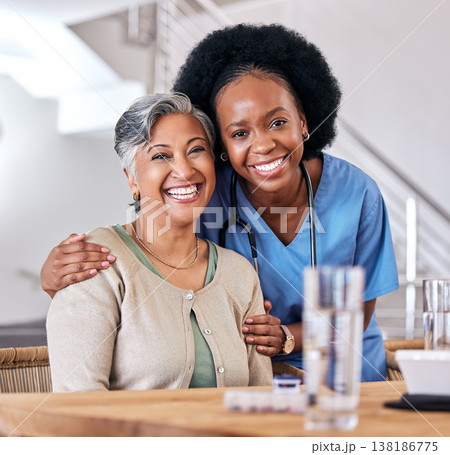 Portrait, smile and assisted living caregiver with an old woman in the living room of a home together. Healthcare, support or community with a happy nurse or volunteer and senior patient in a house 138186775