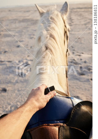 Horse riding, beach and hand of person with animal for travel on holiday or vacation on an island with farm pet in nature. Getaway, trip and rider or tourist on tropical location, sea or ocean 138186811
