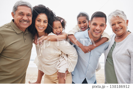 Happy family, beach or vacation with grandparents, parents and kids for holiday, bonding together or smile. Portrait, travelling and outdoor to rest, relax and quality time for break, memories or joy 138186912