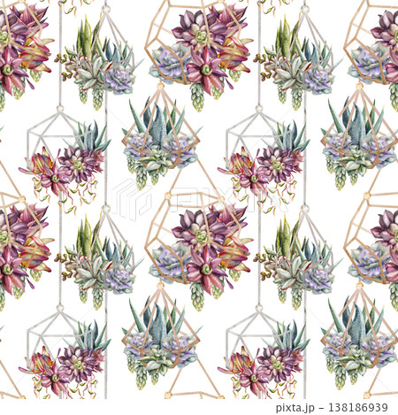 Rosette succulents, hanging vines in metal wireframe planters. Isolated illustration hand drawn in watercolor. Seamless pattern for modern stationery, architectural presentations, eco brand packaging. 138186939