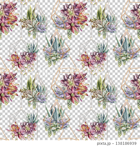 Rosette succulents, hanging vines in metal wireframe planters. Isolated illustration hand drawn in watercolor. Seamless pattern for modern stationery, architectural presentations, eco brand packaging. 138186939