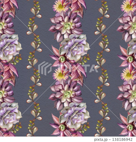 Purple, mauve echeveria, aeonium rosette succulents, stripes of kalanchoe, crassula leafy branches. Isolated illustration hand drawn in watercolor. Seamless pattern for website backgrounds, plant shop Purple, mauve echeveria, aeonium rosette succulents, stripes of kalanchoe, crassula leafy branches. Isolated illustration hand drawn in watercolor. Seamless pattern for website backgrounds, plant shop 138186942