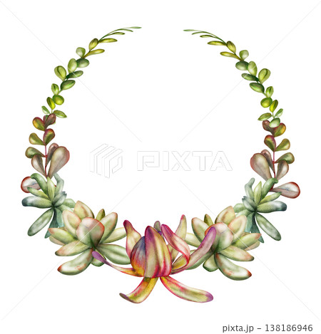 Circular wreath of rosette sedum succulents, leucadendron protea with layered leaves. Isolated illustration hand drawn in watercolor. Botanical frame for wedding stationery, logo emblems, spa branding 138186946