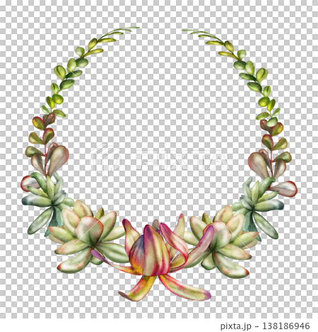 Circular wreath of rosette sedum succulents, leucadendron protea with layered leaves. Isolated illustration hand drawn in watercolor. Botanical frame for wedding stationery, logo emblems, spa branding 138186946