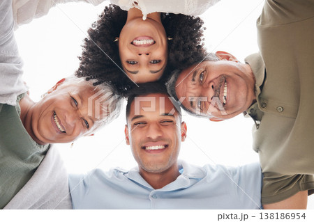 Happy, portrait and a family with a huddle in nature for summer, bonding and fun together. Low, support and senior parents with a young man and woman with love, care and community at the beach Happy, portrait and a family with a huddle in nature for summer, bonding and fun together. Low, support and senior parents with a young man and woman with love, care and community at the beach 138186954