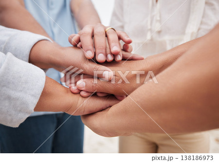 Family, people or hands together outdoor for team building, support or unity for diversity. Group, men or women with hand stack in nature for community, motivation or connection with teamwork sign 138186973