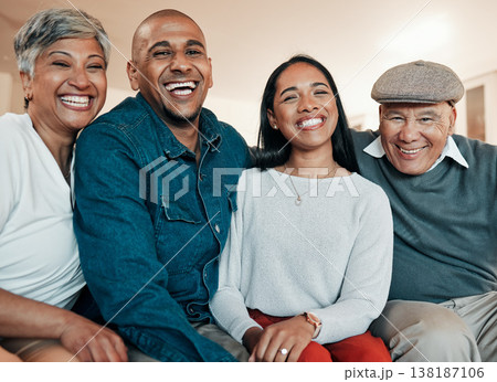 Family, happy and portrait of senior parents on sofa for bonding, relationship and happiness at home. Love, smile and mother, father and adult children in living room for relax, comfort and care 138187106