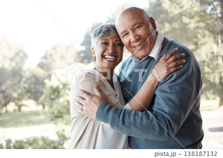 Portrait, hug and senior couple with love, smile and marriage with bonding, relationship and retirement. Face, happy old woman and elderly man embrace, outdoor and health with nature, care and trust Portrait, hug and senior couple with love, smile and marriage with bonding, relationship and retirement. Face, happy old woman and elderly man embrace, outdoor and health with nature, care and trust 138187132