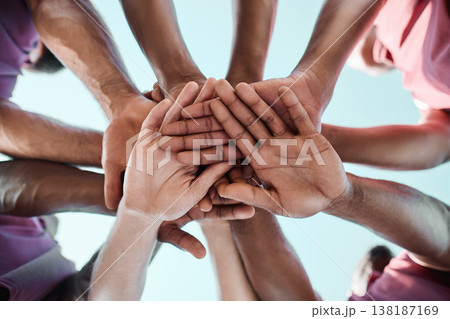 People, teamwork and hands together in sports collaboration, goals or community for motivation below. Closeup of group piling in team building, solidarity or trust in support for rugby game or match People, teamwork and hands together in sports collaboration, goals or community for motivation below. Closeup of group piling in team building, solidarity or trust in support for rugby game or match 138187169